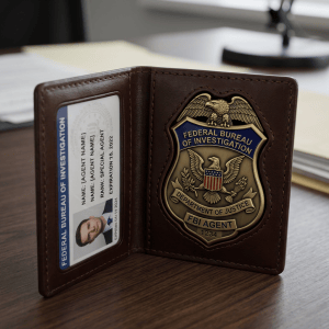 Leather holder with FBI identification card and FBI Agent badge labeled 1234