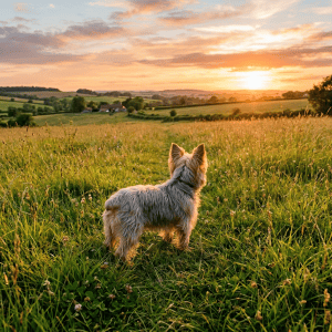 Yorkshire Terrier standing in a meadow beneath a countryside sunset