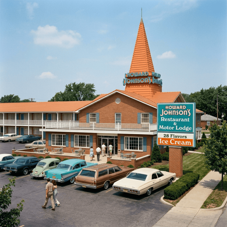 Howard Johnson's Restaurant & Motor Lodge; 28 Flavors Ice Cream; vintage motel with cars