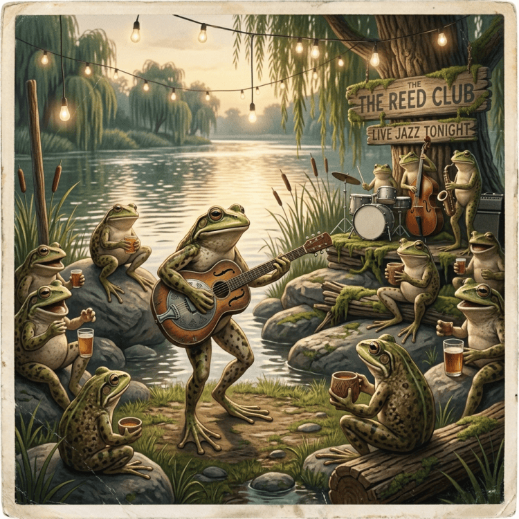 Frogs dancing at The Reed Club under signs reading “LIVE JAZZ TONIGHT” and “SWING NIGHTS.”